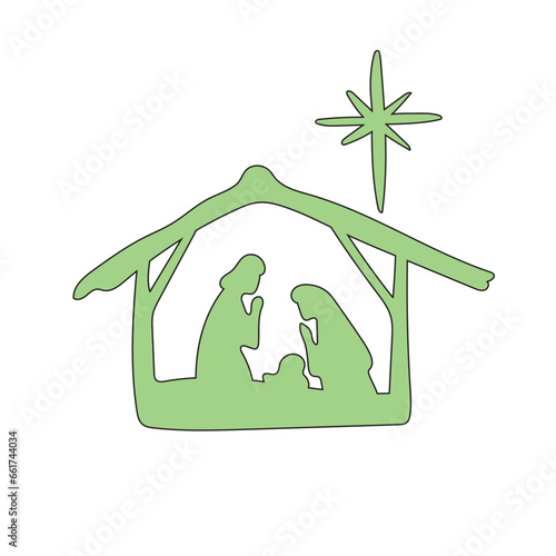 Black line drawing of born Jesus with Joseph and Mary illustration vector hand drawn