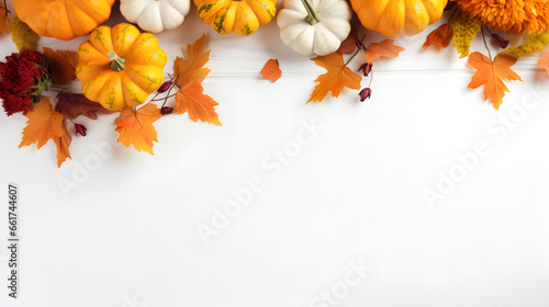 Happy Thanksgiving with pumpkins and leaves on top border of white background with copy space. Autumn holidays decoration. Top view. flat lay composition.
