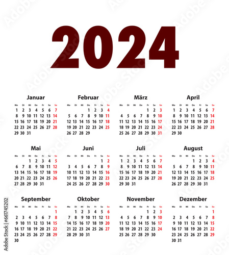 German Calendar grid bold digits for 2024. MF