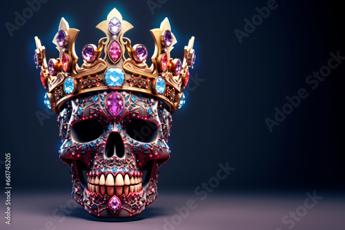 A shiny glamorous skull in a crown of rock crystal. Black background. 