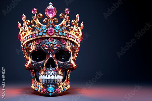 A shiny glamorous skull in a crown of rock crystal. Black background.  photo