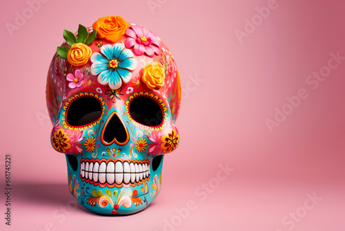 Sugar Calavera on a bright background. Celebration of the Day of the Dead. Mexican traditions.