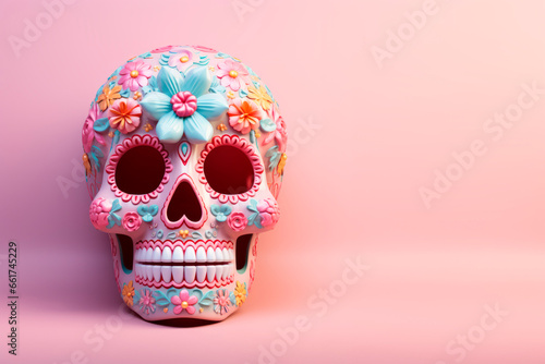 Sugar Calavera on a bright background. Creative. Glamour. Celebration of the Day of the Dead. Mexican traditions.