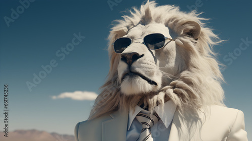 lion wearing black sunglasses and a white suit with a tie sky background