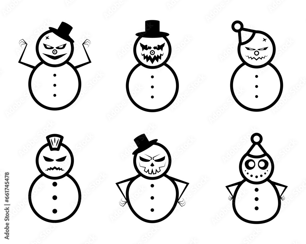 Set of evil snowmen. Vector icon. Isolated on white. Set of evil snowmen. Vector icon. Isolated on white.