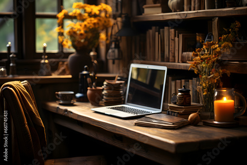 A close-up of an inspirational home office with warm wooden details, leather accents, and autumnal touches. Natural light emphasizes the rustic and inspiring workspace.