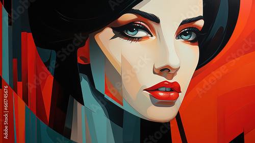 Colorful Portrait Graphic Sketch Painting of Pretty Women Face With Dark Red Lips Abstract Background photo
