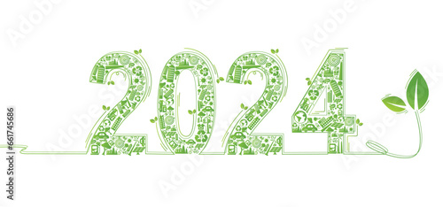 2024 New year, Eco friendly, Sustainability planning concept with globe and World environmental green doodle icons drawing set on white background ,Vector illustration