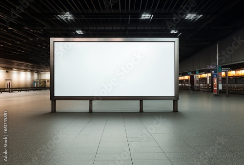 Empty advertising billboard frame on wall in airport. AI Generated Images