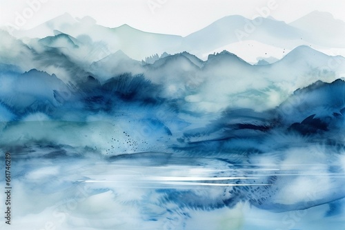 Abstract blue watercolor painting with strokes, lines, splashes, and a horizontal background depicting sea, hill, and fog mountain. Generative AI