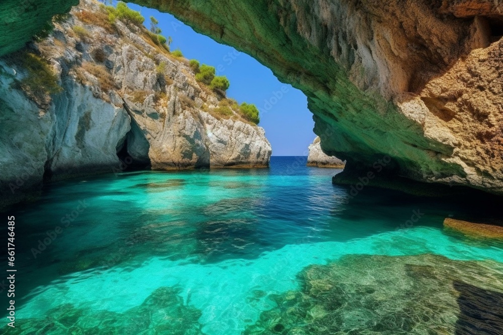 Stunning coastal cavern with mesmerizing turquoise waters. Generative AI