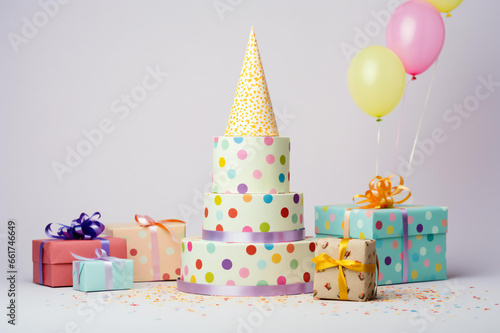 Colored confetti and party hat collection of colorful birthday party objects and gift box on a pastel color background