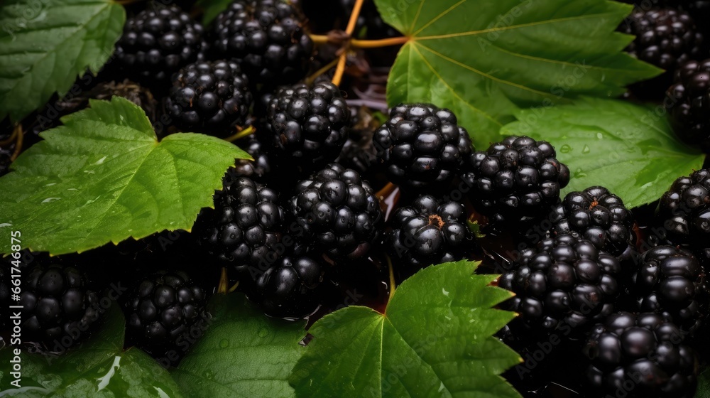 Ripe wet blackberries lying in a pile with green leaves. Harvesting. Ripe wet blackberries lying in a pile with green leaves. Harvesting.