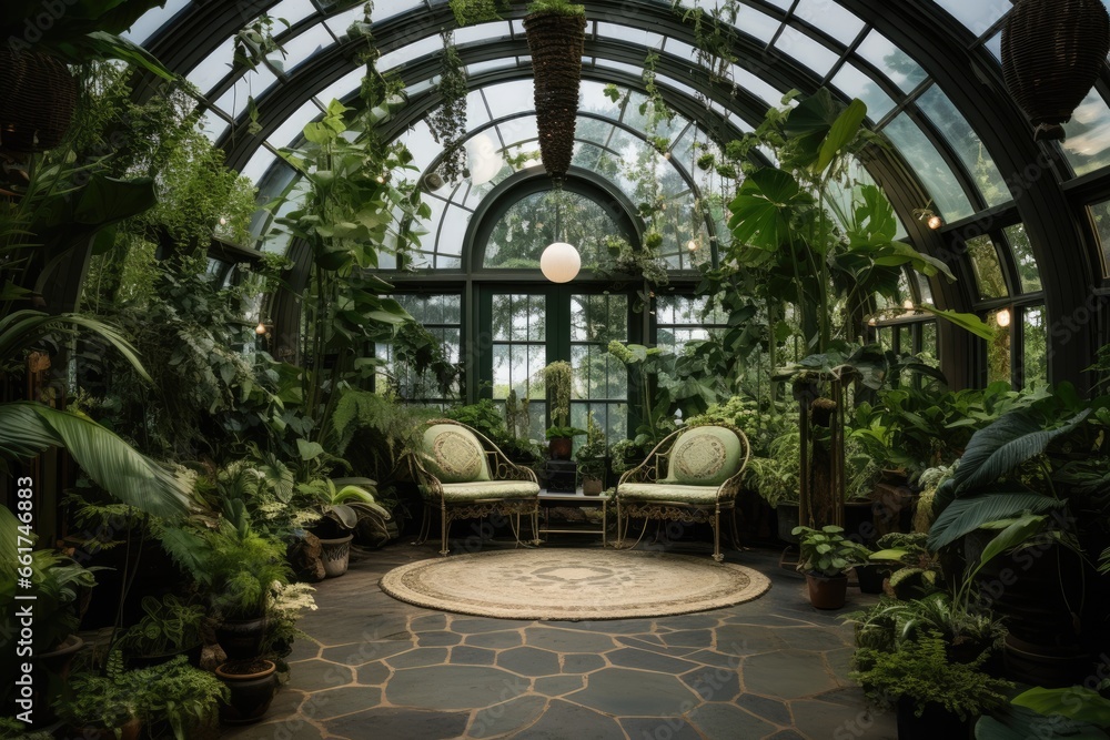 Fototapeta premium Interior home garden full of beautiful lush plants, tropical indoor plants
