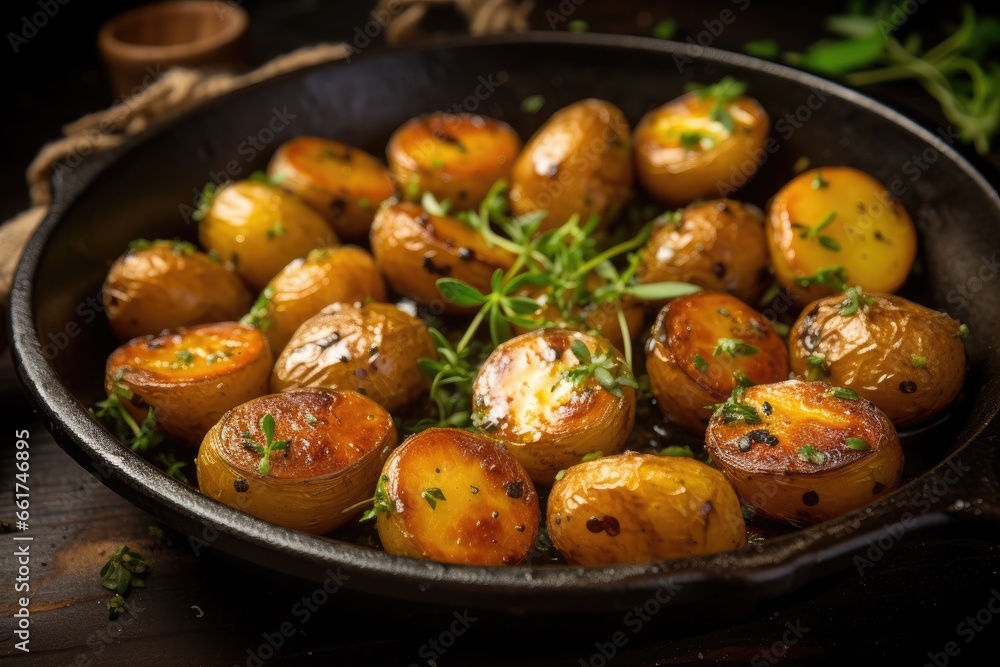 Roasted baby potatoes in iron skillet. Roasted baby potatoes in iron skillet.