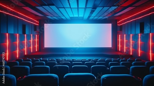 Empty cinema auditorium with seats and blank screen. Movie or cinema auditorium with screen and seats. Cinema background.