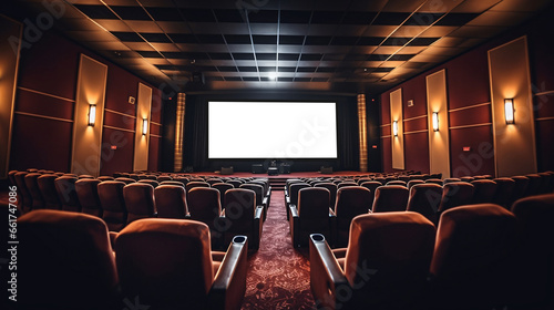 Empty cinema auditorium with seats and blank screen. Movie or cinema auditorium with screen and seats. Cinema background.