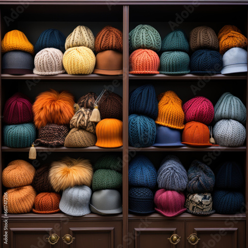 a cabinet full of hats 