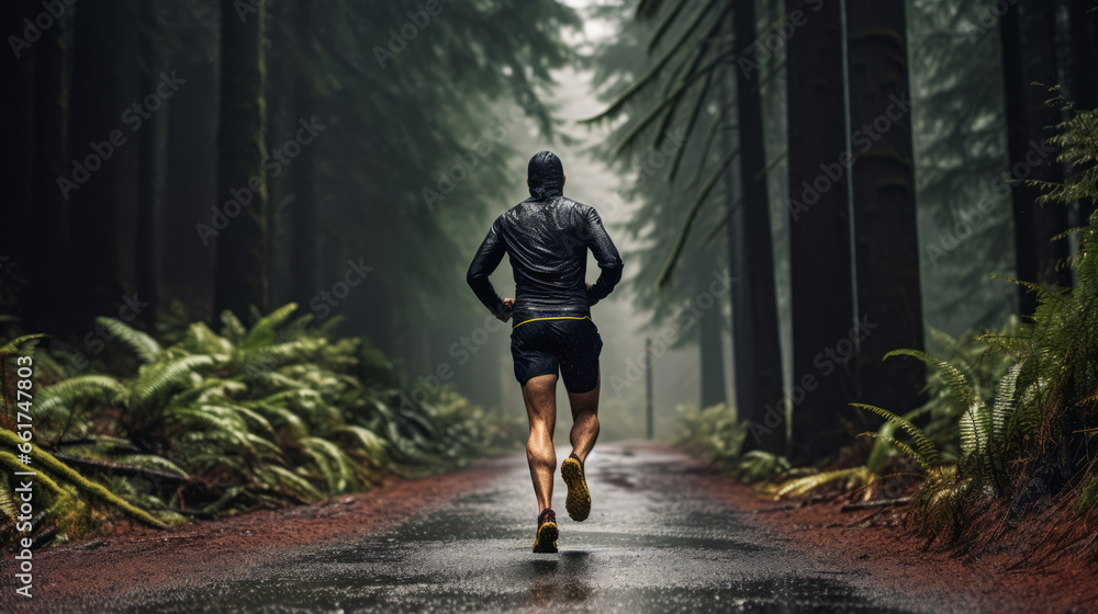 Rain run fit people training jogging in rainy weather wearing cold clothing running outdoors in nature autumn season. Active Runner on forest trail. Caucasian man athletes. - obrazy, fototapety, plakaty 