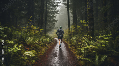 Runner running at rainy forest trail. Healthy fitness man jogging outdoors.