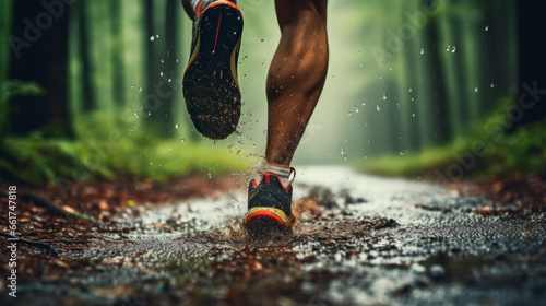 Muscular calves of a fit male jogger training for forest trail race in rain photo