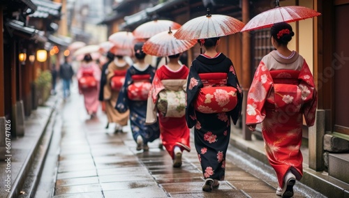 A Group of Geisha Walking and Holding Umbrella in Rainy Season Kyoto Japan photo