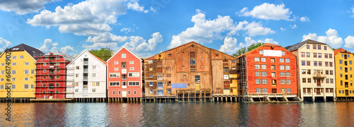 Panoramic view of famous wooden houses over the Nidelva river in Trondheim, Norway