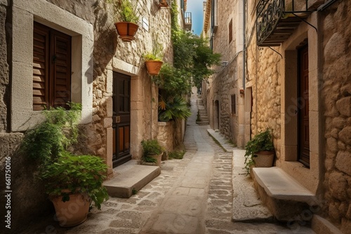 a scenic Mediterranean street in Fornalutx, Majorca. Generative AI © Lyra