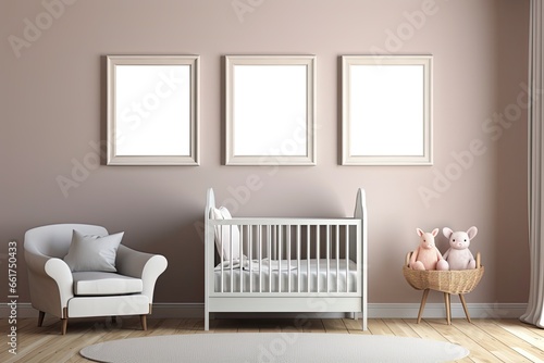Three Empty Blank Photo Frames On a Nursery Room Wall 