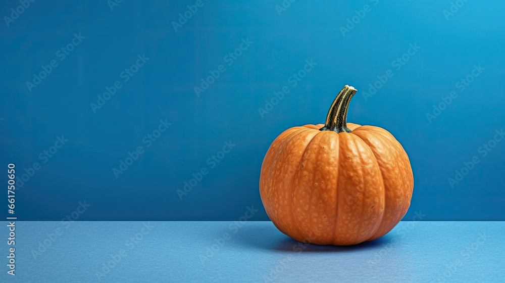 A single pumpkin on a vivid blue background or wallpaper A single pumpkin on a vivid blue background or wallpaper