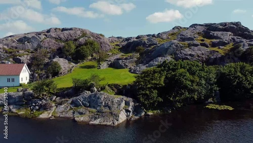 Idyllic landscape of lake, forest, and mountains, Norway - Top view