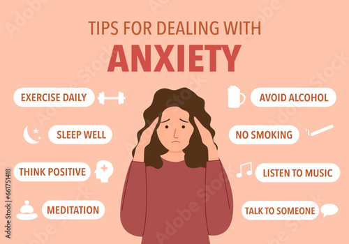 Tips for dealing with anxiety. Useful advices for anxiety management infographic design.