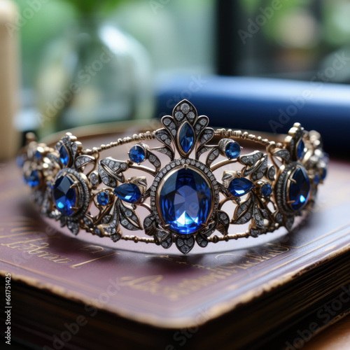  A sapphire tiara graces platinum locks. 