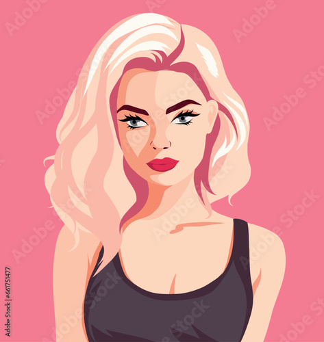 Blonde girl avatar. Portrait of a girl. Pink color palette. Hairstyle. Postcard, poster. Vector flat bright illustration on pink background