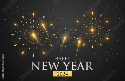 Vector illustration happy new year with firework and silver line art