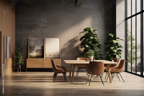 Contemporary office ambiance with wood, concrete, furniture, plant, and blank poster. Digital rendering. Generative AI