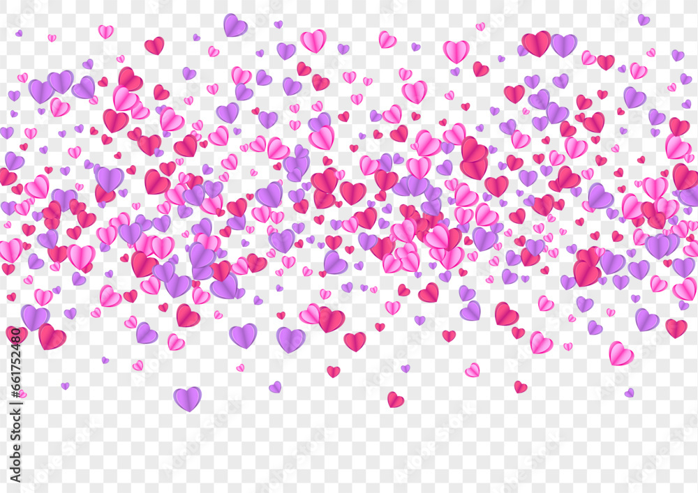 Fond Confetti Background Transparent Vector. Drop Pattern Heart. Red Present Backdrop. Violet Confetti Paper Frame. Tender Wedding Illustration.