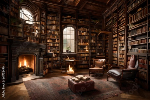 A cozy living room with a fireplace, a soft rug, and a bookshelf filled with books.
