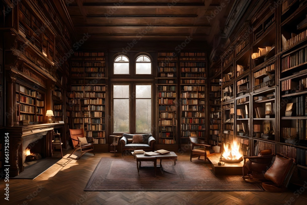 A cozy living room with a fireplace, a soft rug, and a bookshelf filled with books.