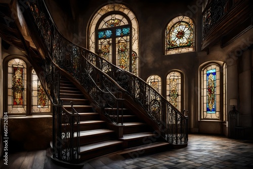 A staircase with wrought-iron railings and a stained-glass window at the top. 