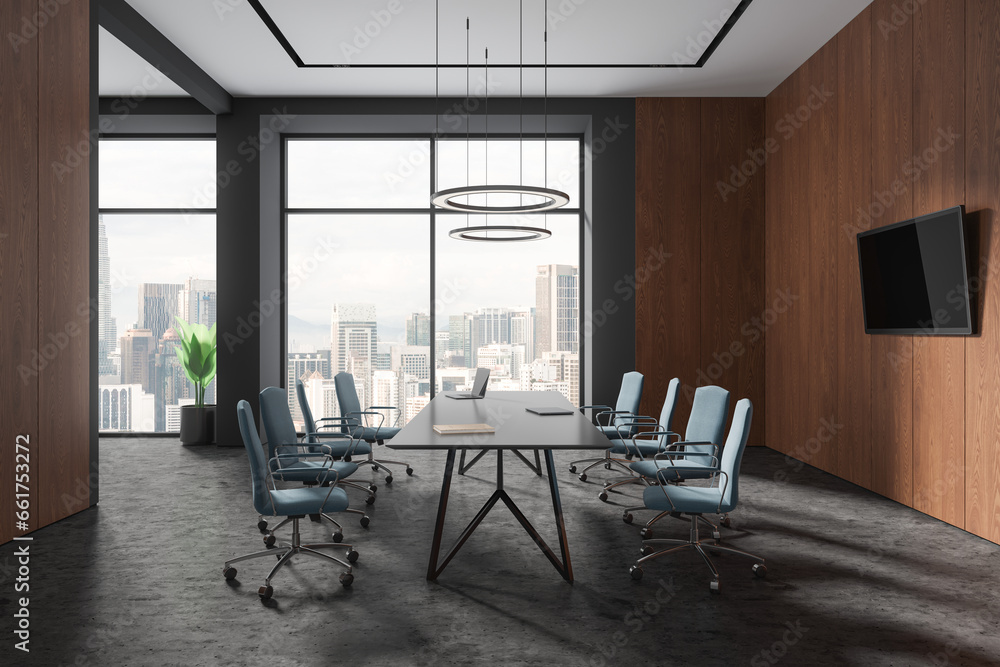 Fototapeta premium Modern business room interior with meeting table and tv screen, panoramic window