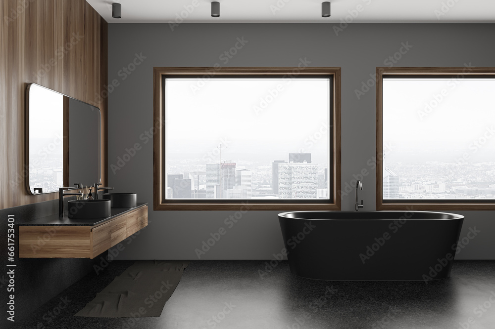Fototapeta premium Dark home bathroom interior with double sink and bathtub near window
