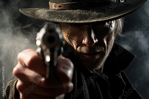 gunslinger aiming at viewer, extreme closeup photo
