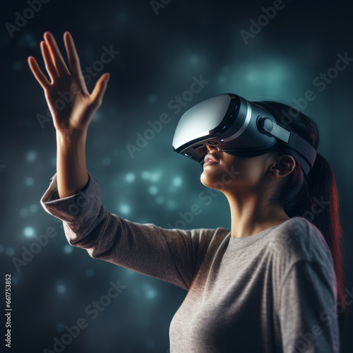 Virtual experience, a young woman using virtual reality glasses