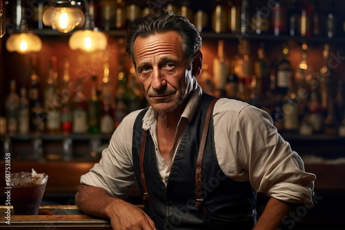 Portrait of a serious middle-aged Italian bartender, who looking at camera while standing behind the counter of his establishment.