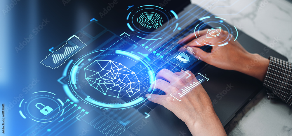 Top view of woman typing in laptop, biometric scanning and cybersecurity Top view of woman typing in laptop, biometric scanning and cybersecurity