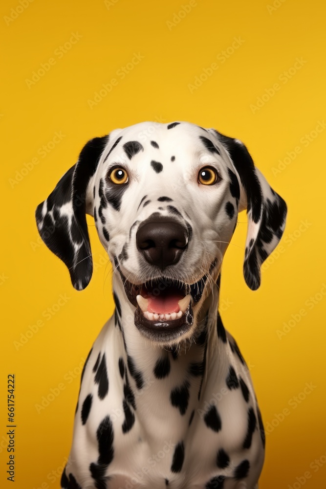 Photo of a Dalmatian dog sitting in front of a vibrant yellow background created with Generative AI technology