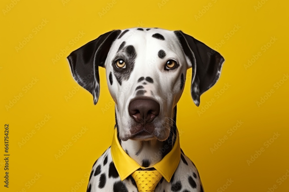 Photo of a dalmatian dog wearing a yellow tie against a bright yellow background - created with Generative AI technology