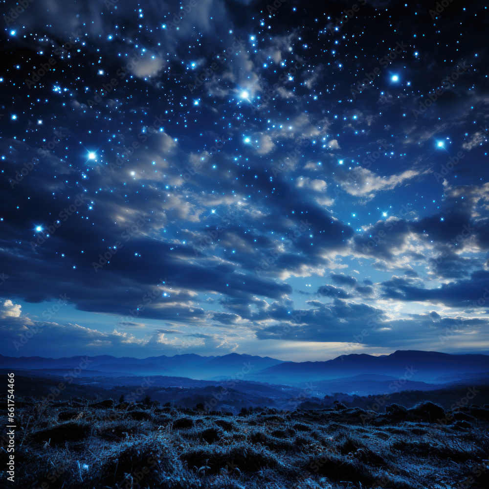 The indigo night sky is studded with sapphire 
