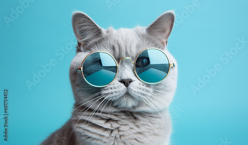images of fluffy cats with sunglasses on a blue background. Pet on a blue background. Studio shooting. White and gray cat. Free space. Blue sunglasses. a cat wearing sunglasses on a sunny background. © Nadezhda